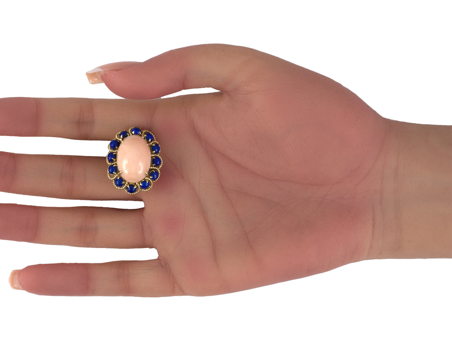 54451 - Gold Angel Skin Coral Lapis Oval Cluster Earrings