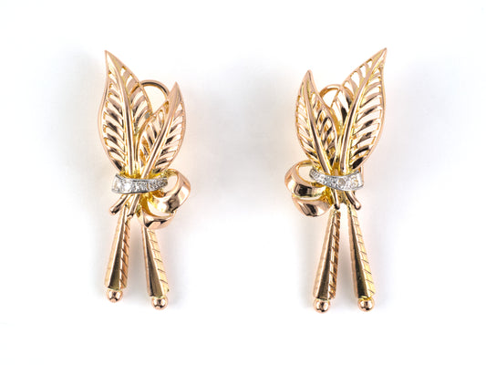 54453 - Retro Gold Diamond Floral Leaf Drop Dangle Earrings