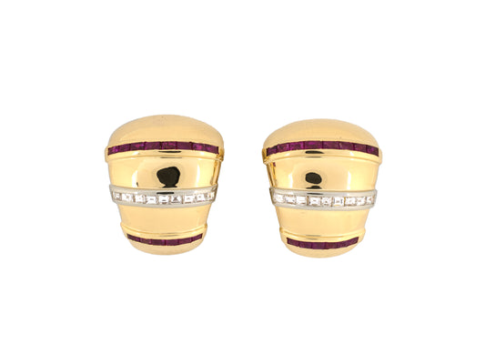 54454 - Italy Circa 1970s Gold Ruby Diamond Tapered Hoop Huggies Earrings
