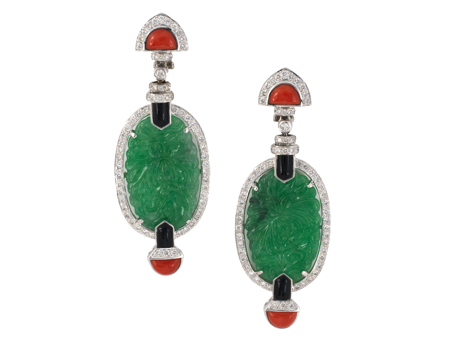 54459 - SOLD - Art Deco Style Gold GIA Jadeite Diamond Coral Onyx Drop Dangle Earrings