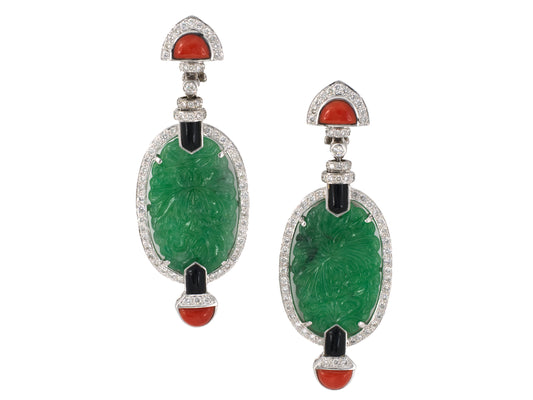 54459 - SOLD - Art Deco Style Gold GIA Jadeite Diamond Coral Onyx Drop Dangle Earrings