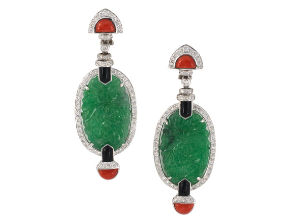 54459 - Art Deco Style Gold GIA Jadeite Diamond Coral Onyx Drop Dangle Earrings
