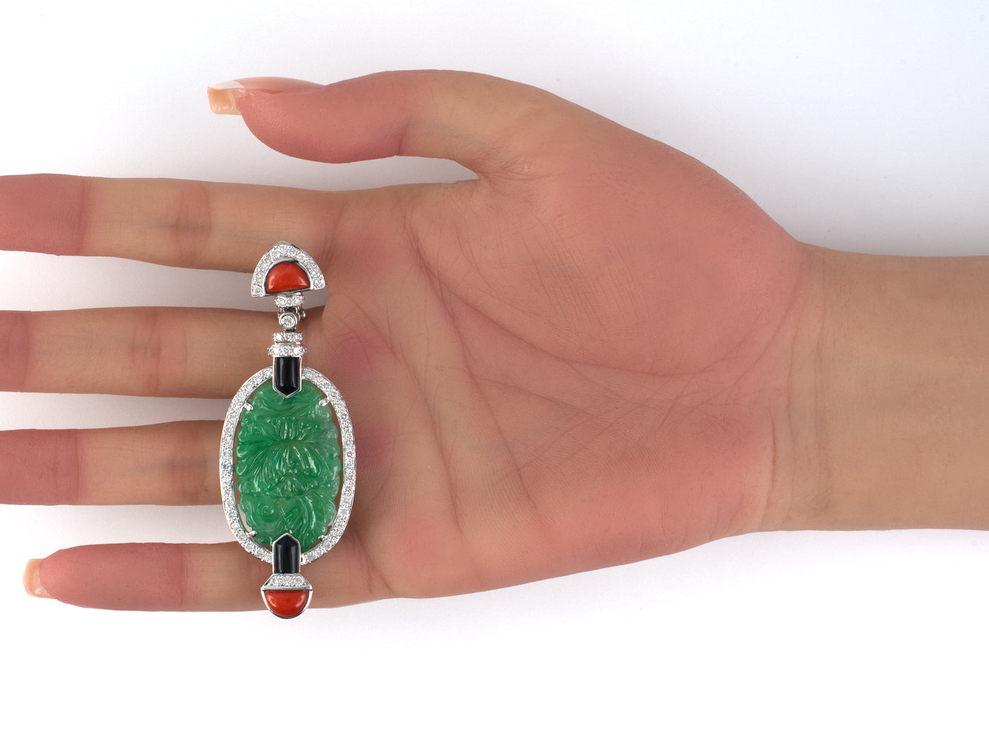 54459 - SOLD - Art Deco Style Gold GIA Jadeite Diamond Coral Onyx Drop Dangle Earrings
