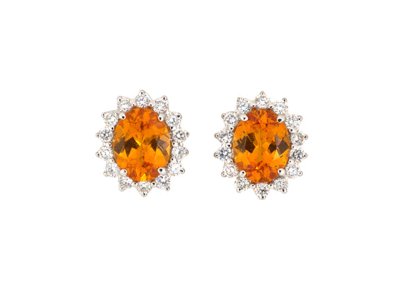 54464 - SOLD - Gold Diamond Spessartite Orange Garnet Oval Cluster Earrings