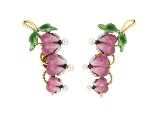 54466 - SOLD - Art Nouveau Krementz Gold Pearl Pink White Green Enamel Bleeding Heart Flower Earrings