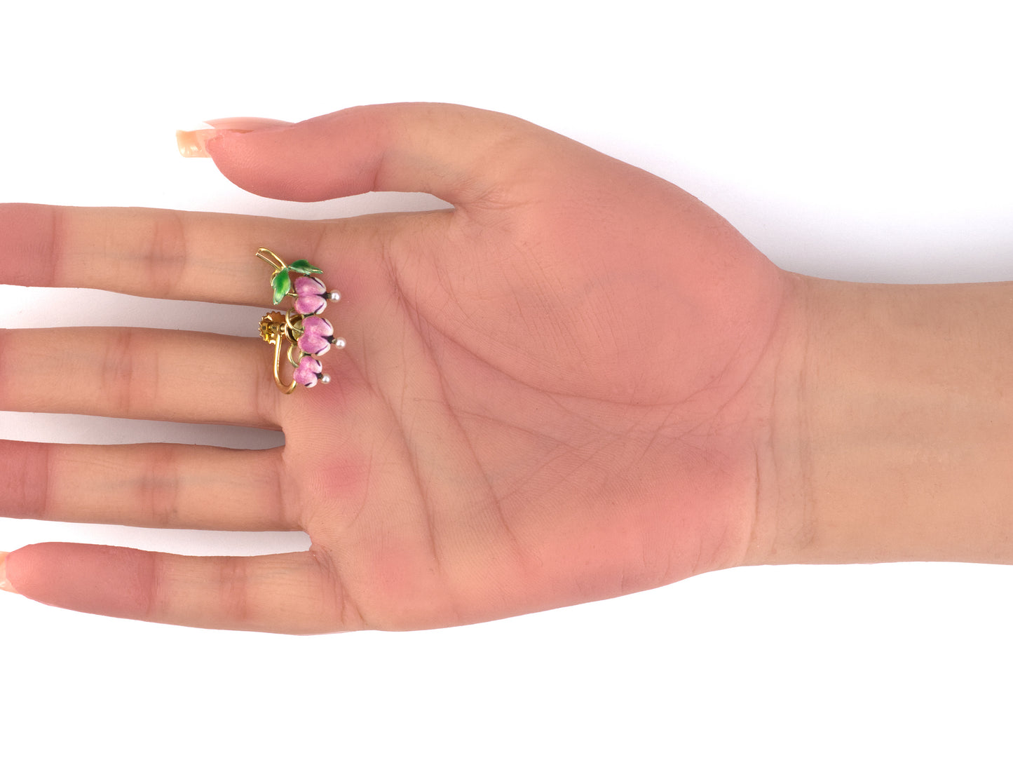 54466 - SOLD - Art Nouveau Krementz Gold Pearl Pink White Green Enamel Bleeding Heart Flower Earrings