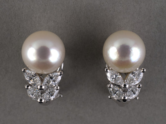 54469 - Platinum Gold Akoya Pearl Diamond Floral Leaf Earrings