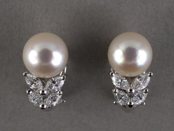 54469 - Platinum Gold Akoya Pearl Diamond Floral Leaf Earrings