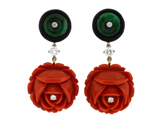 54477 - Gold Palladium Jadeite Coral Diamond Black Enamel Carved Flower Earrings