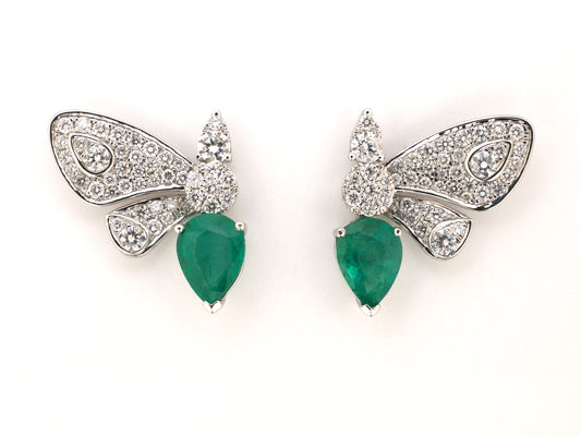 54484 - SOLD - Gold Diamond Emerald Butterfly Earrings