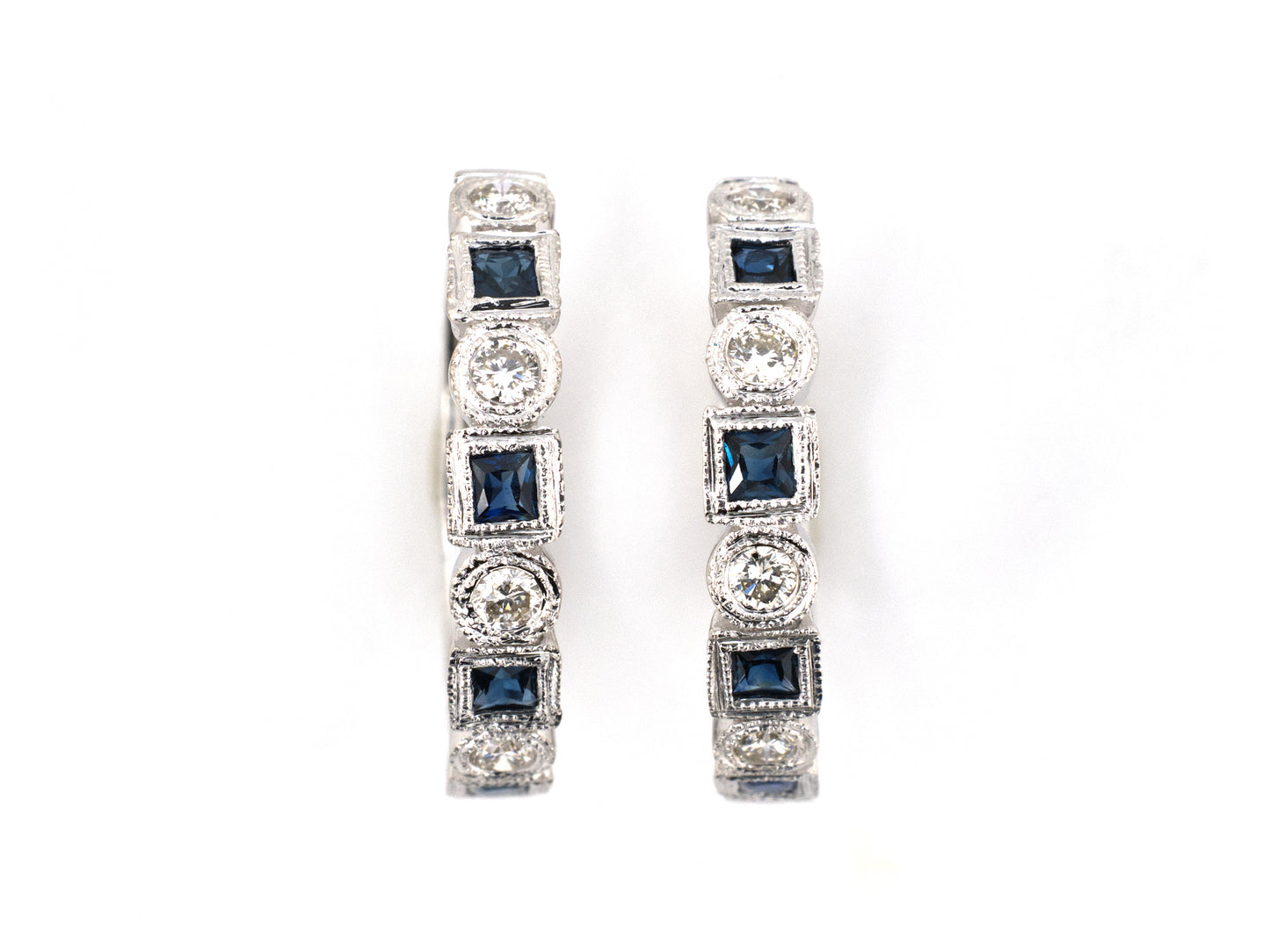54485 - SOLD - Gold Alternating Diamond & Sapphire Chased Hoop Earrings