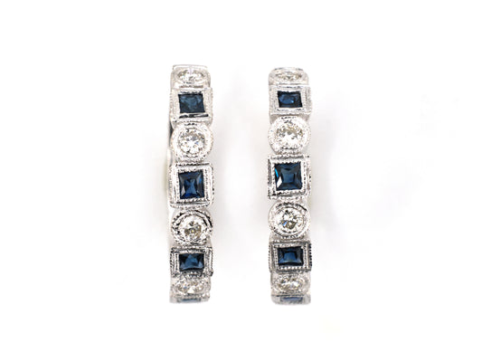 54485 - SOLD - Gold Alternating Diamond & Sapphire Chased Hoop Earrings