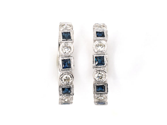 54485 - Gold Alternating Diamond & Sapphire Chased Hoop Earrings