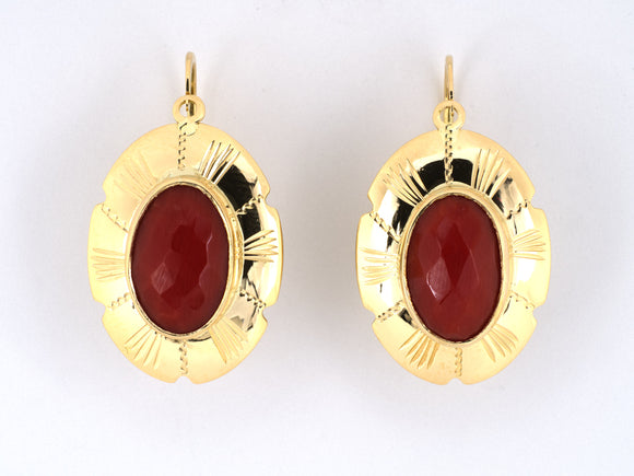 54486 - Circa 1970s Gold Coral Oval Carved Frame Drop Earrings