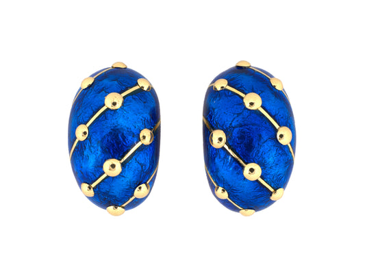 54488 - Schlumberger Tiffany France Gold Blue Enamel Banana Earrings