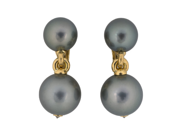 54489 - Verdura Gold Diamond Tahitian Black Pearl Dangle Drop Earrings
