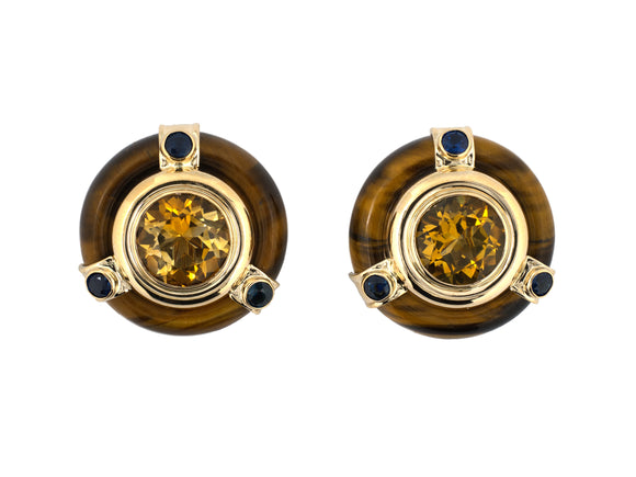 54490 - Gold Citrine Sapphire Tigers Eye Circular Earrings
