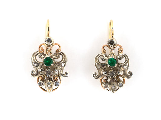 54491 - Circa 1950 Silver Gold Emerald Diamond Open Work Scroll Drop Earrings