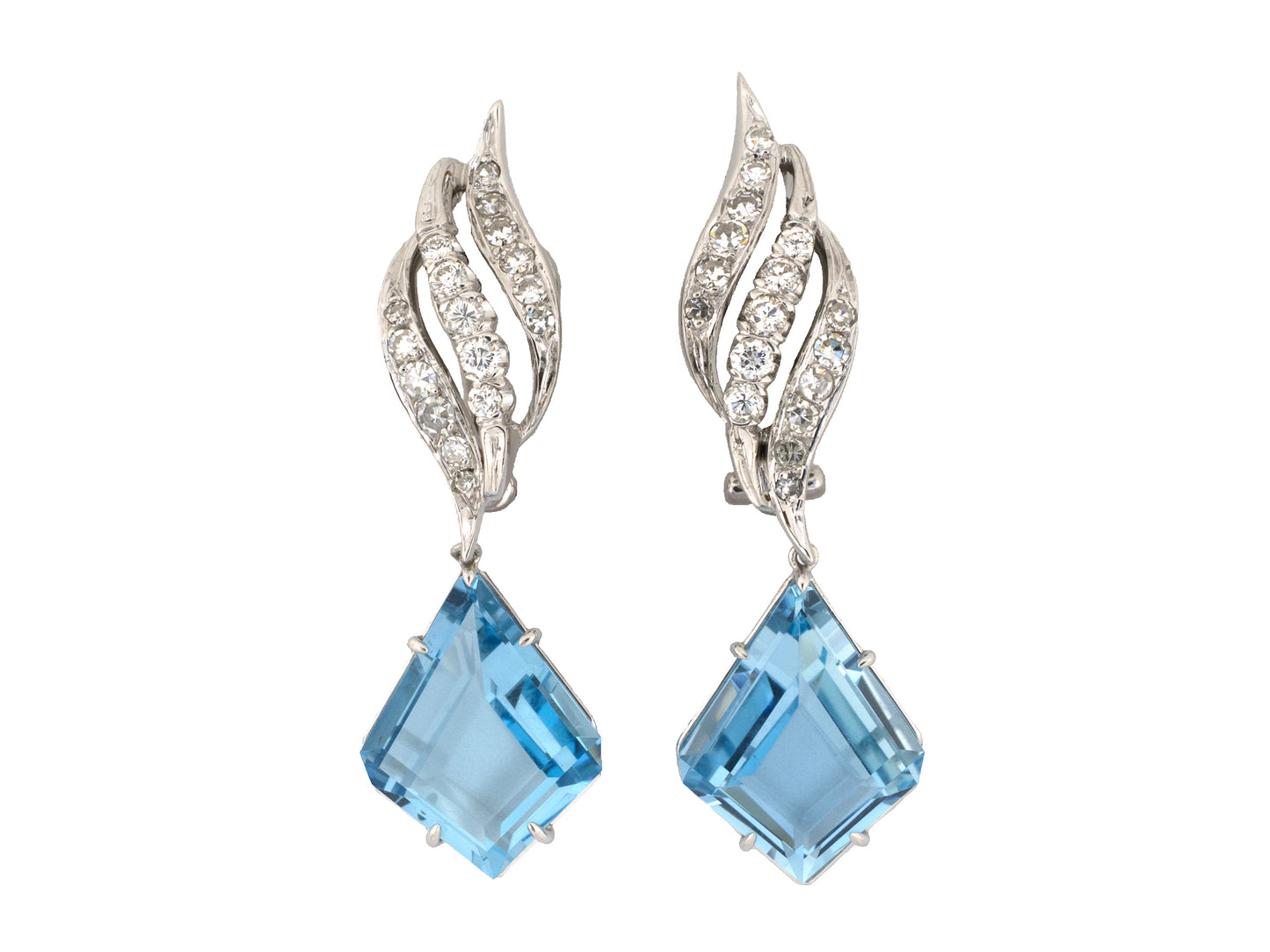 54492 - Platinum Gold Aqua Diamond Swirl Design Kite Drop Earrings