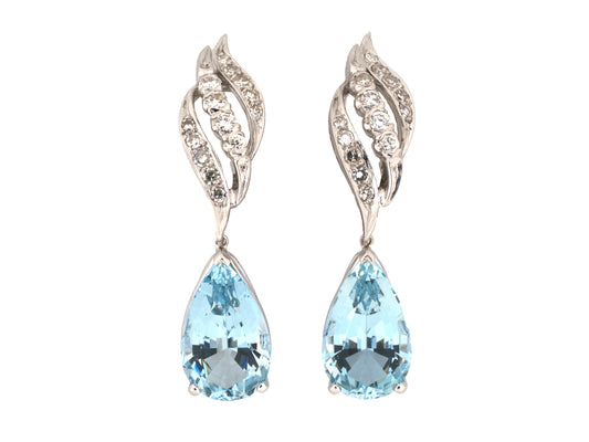 54493 - Platinum Gold Aqua Diamond Swirl Pear Shaped Drop Earrings