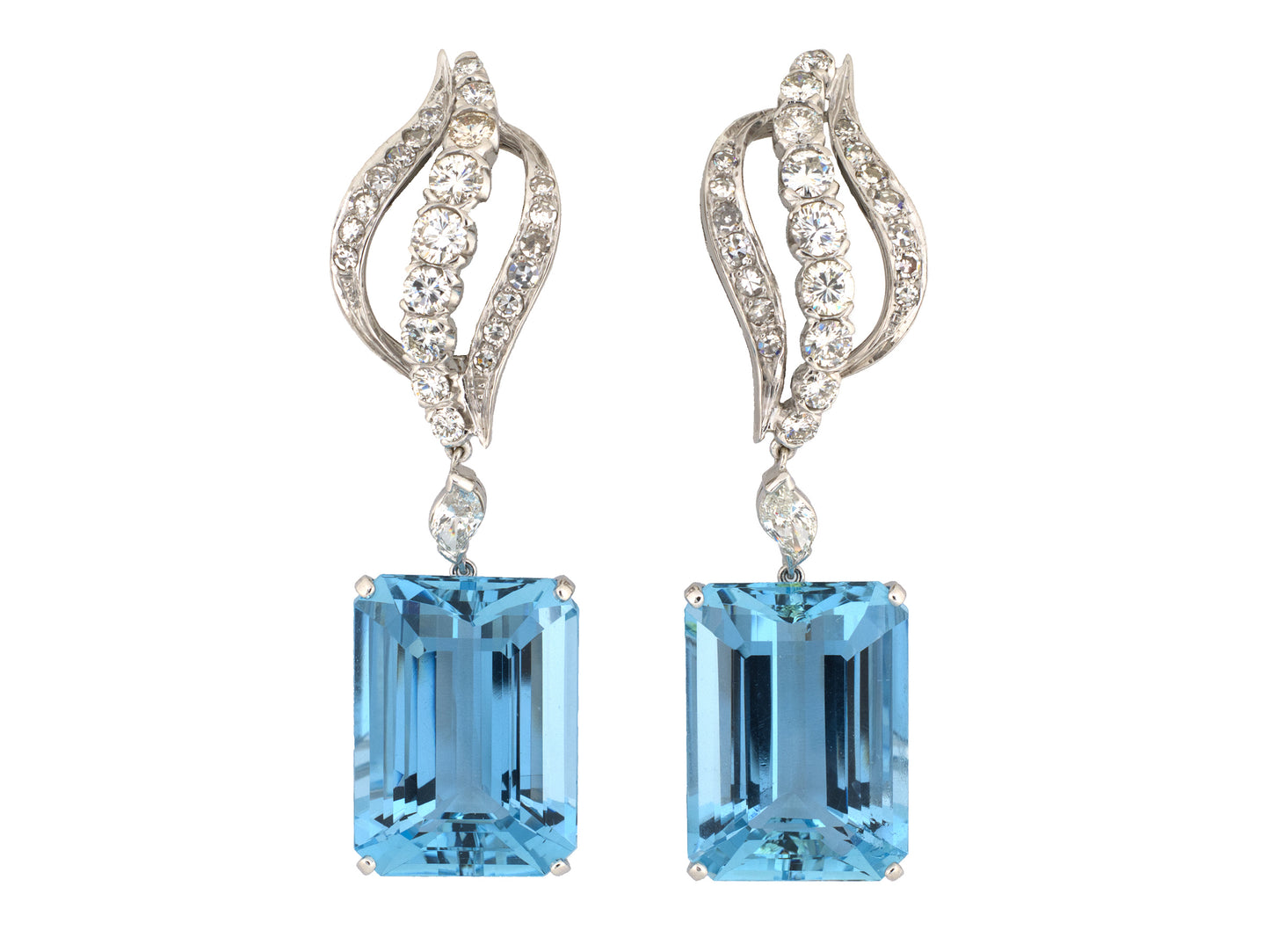 54494 - Platinum Gold Aqua Diamond Open Swirl Drop Earrings