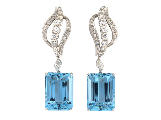 54494 - Platinum Gold Aqua Diamond Open Swirl Drop Earrings