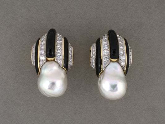 54495 - Webb Circa 1996 Gold Platinum Pearl Diamond Black Enamel Earrings