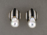 54495 - Webb Circa 1996 Gold Platinum Pearl Diamond Black Enamel Earrings