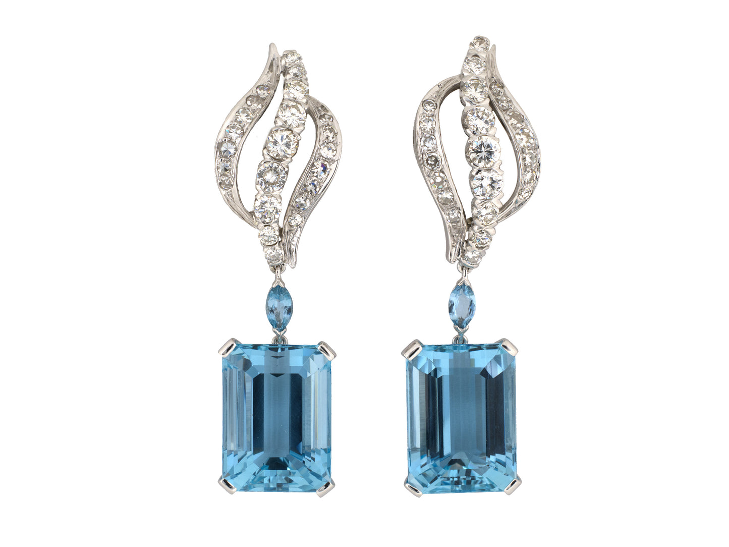 54501 - Platinum Gold Aqua Diamond Open Swirl Drop Earrings