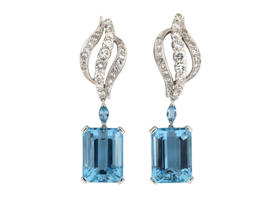 54501 - Platinum Gold Aqua Diamond Open Swirl Drop Earrings