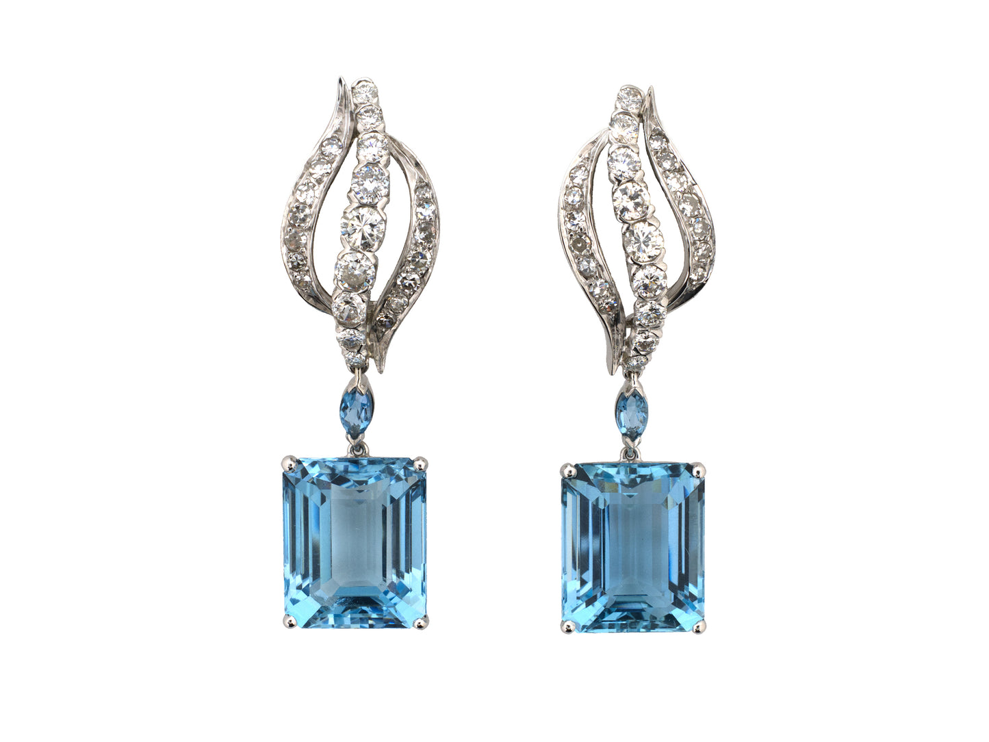 54502 - Platinum Gold Aqua Diamond Open Swirl Drop Earrings