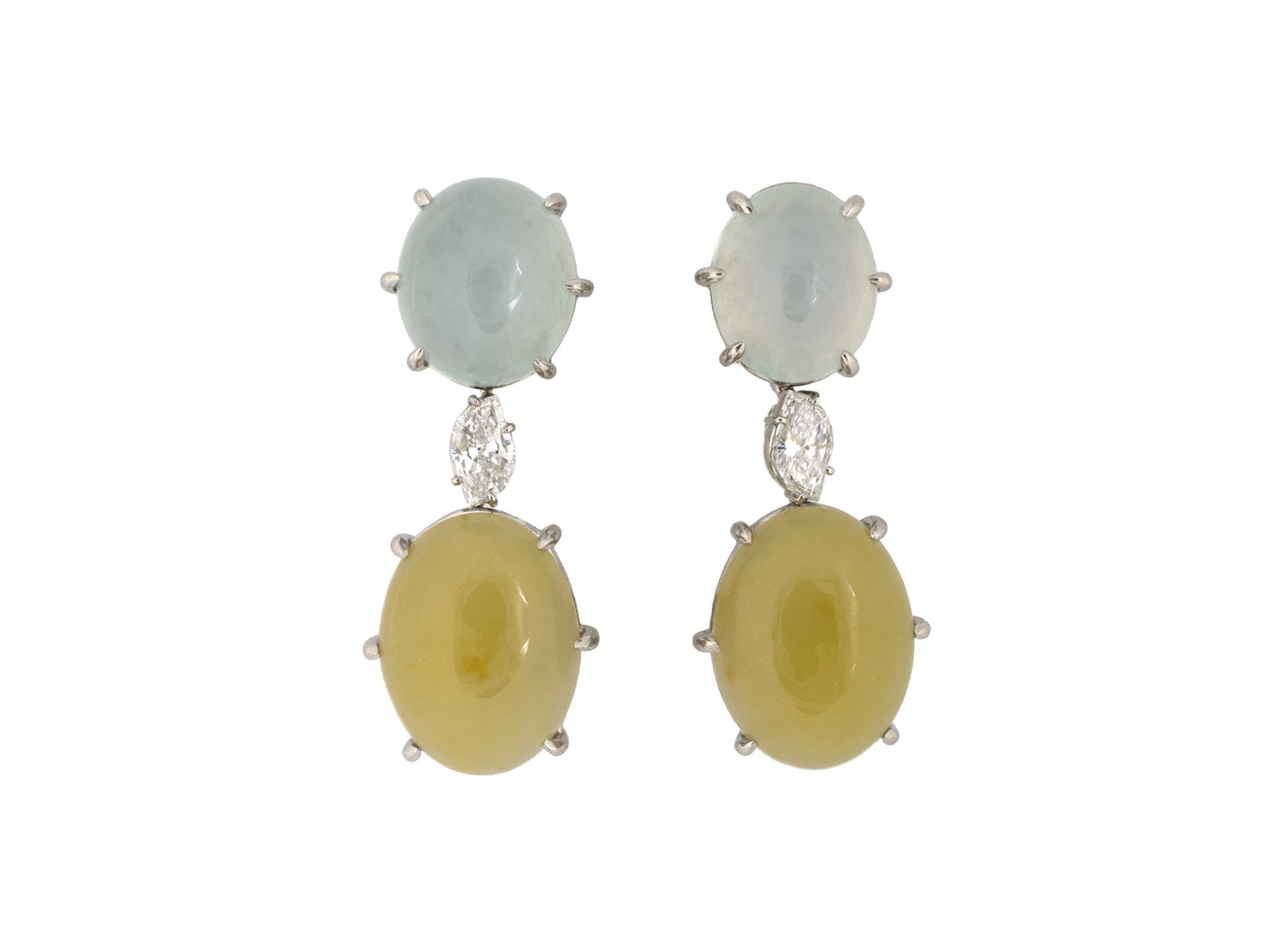 54506 - Platinum Diamond Yellow & Sea Green Jadeite Drop Earrings
