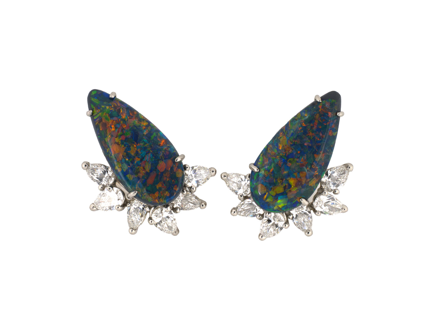 54507 - Circa 1970 Platinum Gold Black Opal Diamond Spray Wire Earrings