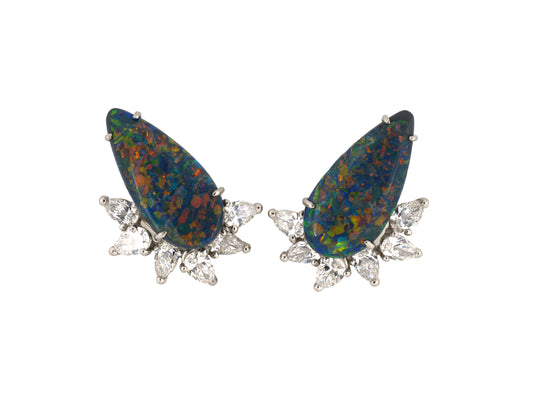 54507 - Circa 1970 Platinum Gold Black Opal Diamond Spray Wire Earrings