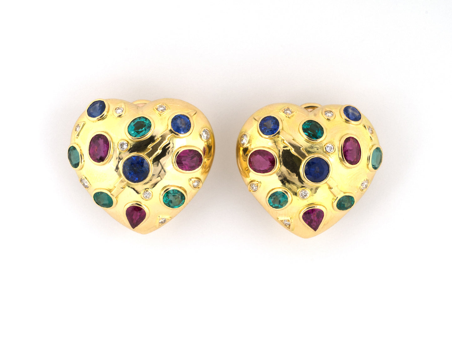 54508 - Gold Ruby Sapphire Emerald Diamond Heart Shape Earrings