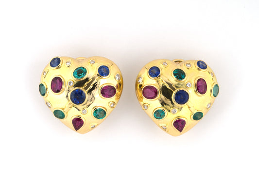 54508 - Gold Ruby Sapphire Emerald Diamond Heart Shape Earrings