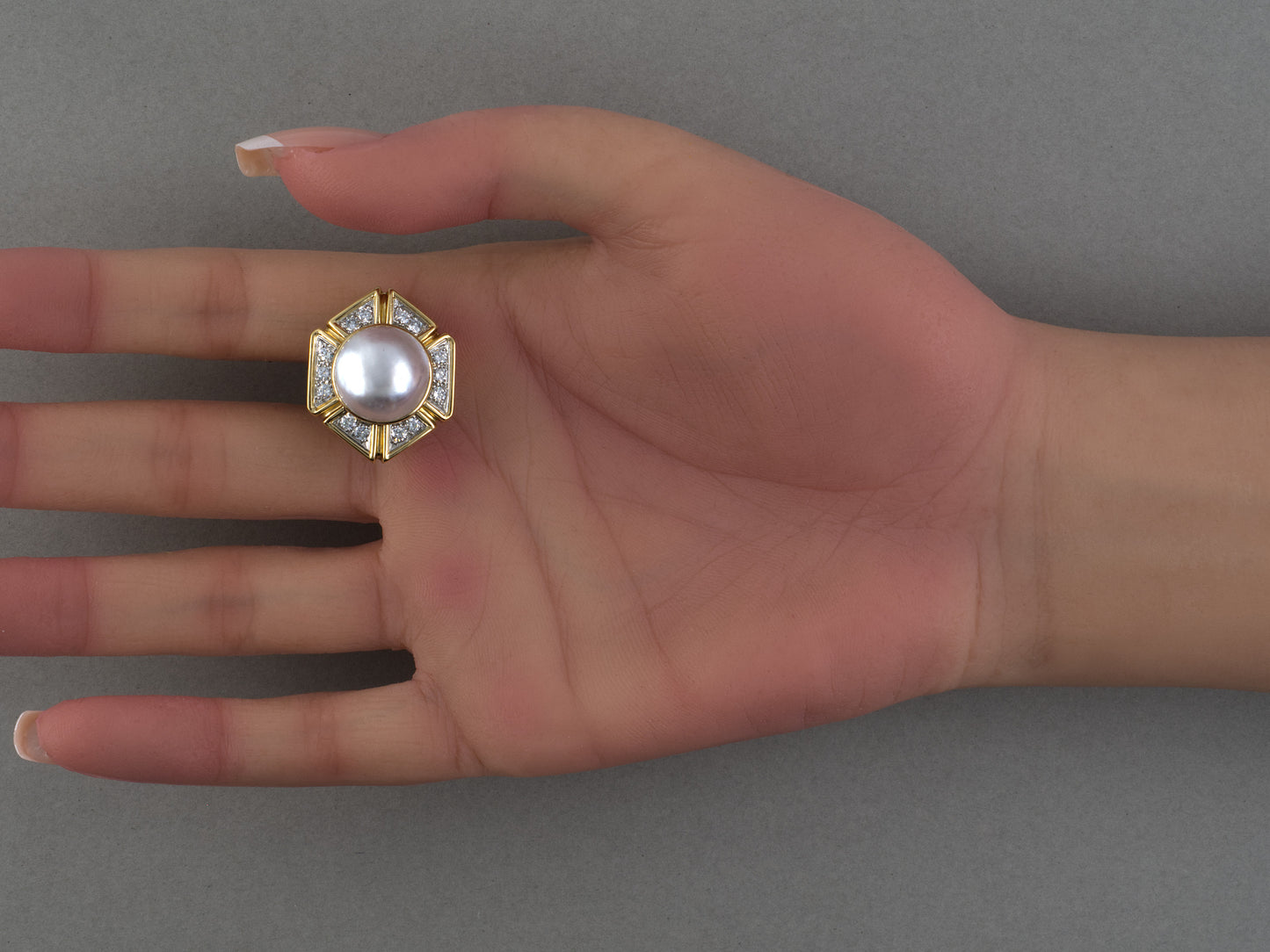 54511 - Platinum Gold Diamond Pearl Cluster Shield Design Earrings
