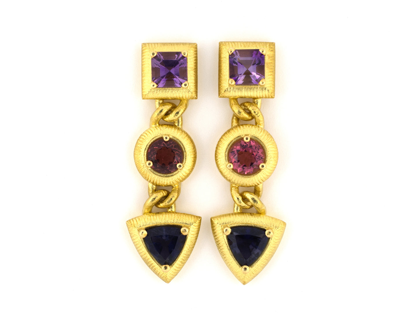 54513 - Circa 1994 Paul Morelli Gold Amethyst Tourmaline Iolite Geometric Dangle Drop Earrings