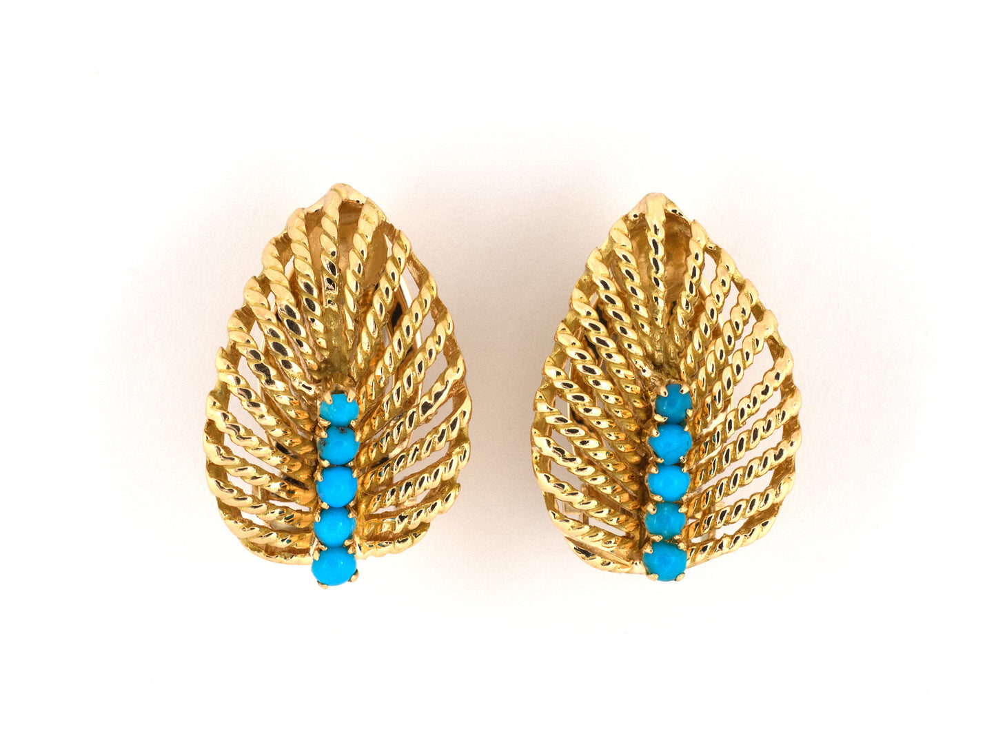 54515 - Circa 1950s Gold Turquoise Leaf Petal Earrings