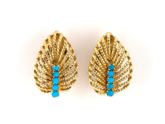 54515 - Circa 1950s Gold Turquoise Leaf Petal Earrings