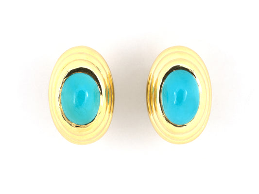 54516 - Circa 1970s Gold Turquoise Tiered Concentric Oval Earrings