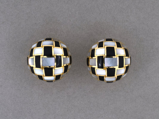 54517 - Circa 1980s Tiffany Gold Black Jade Mother Of Pearl Checkerboard Domed Earrings