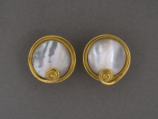 54518 - Denise Roberge Gold Mother Of Pearl Discs Swirl Design Earrings