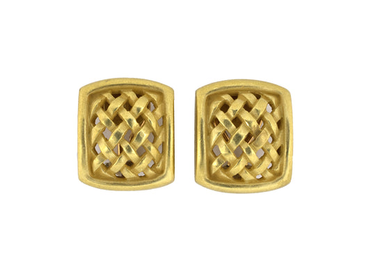 54520 - Circa 1995 Kieselstein Cord Gold Woven Cushion Shaped Earrings