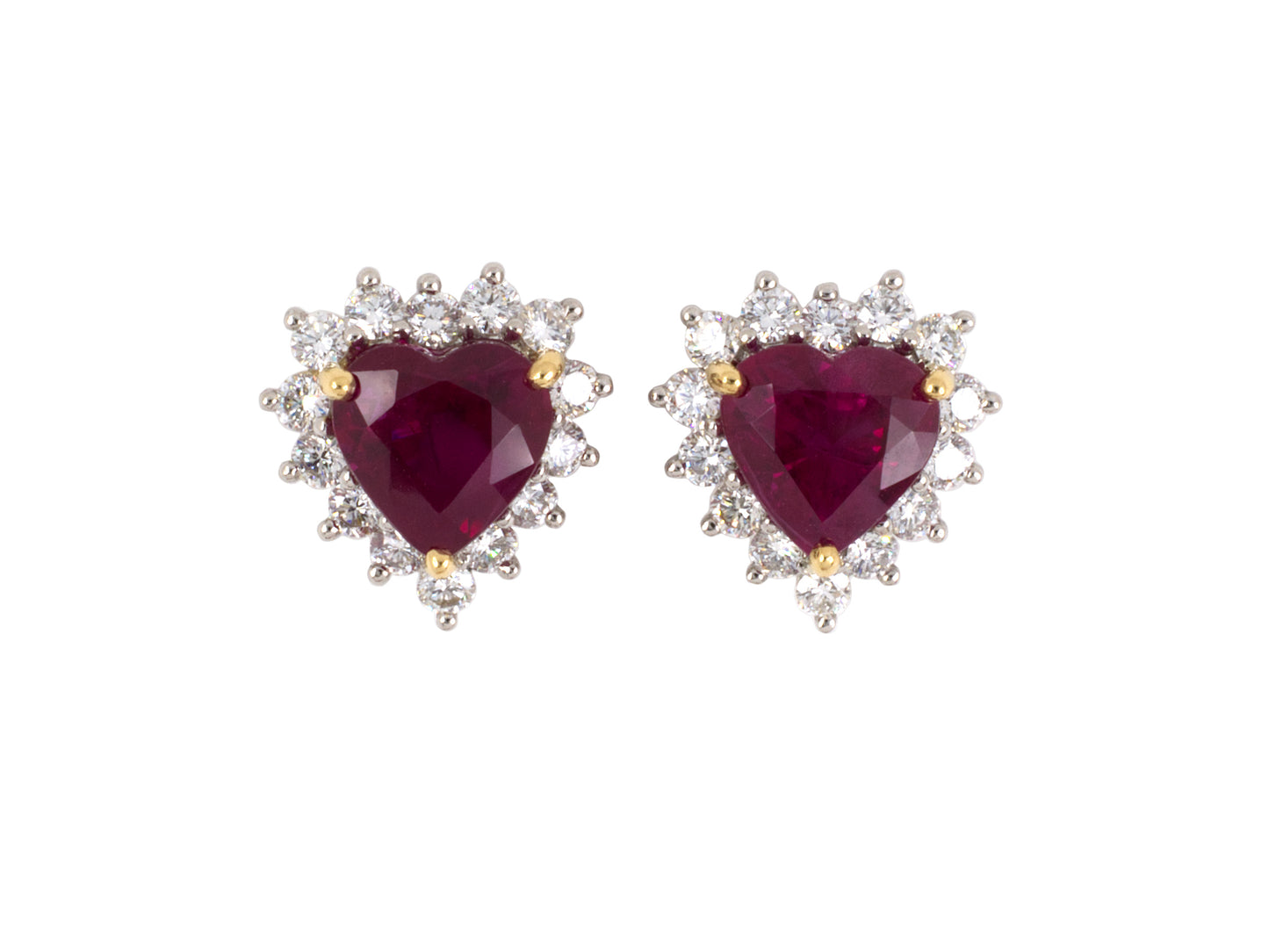 54522 - Platinum Gold Heart Shape AGL Burma Ruby Diamond Cluster Earrings