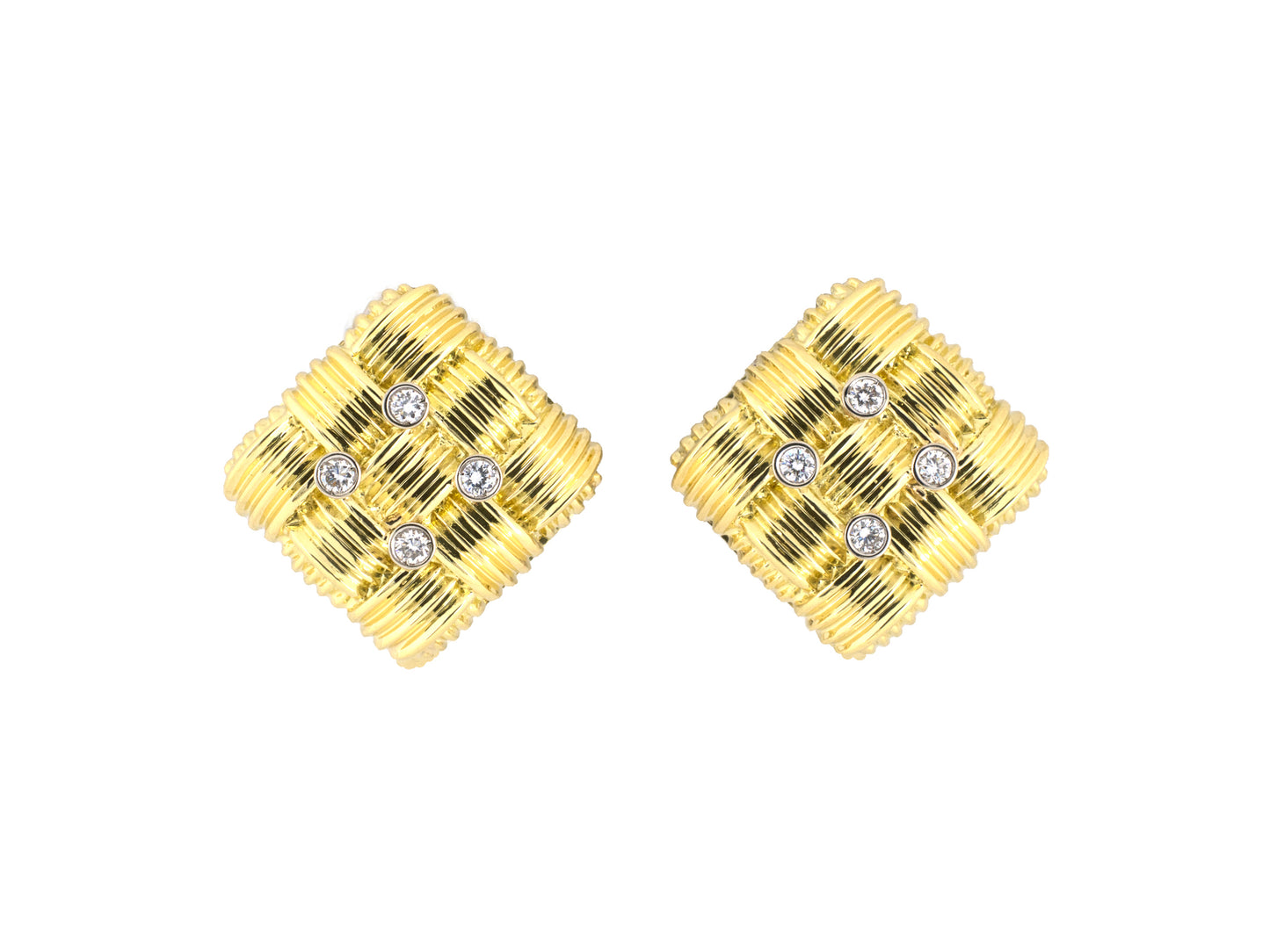 54528 - Robert Coin Italy Gold Diamond Ruby Corrugated Checkerboard Domed Square Earrings