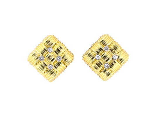 54528 - Robert Coin Italy Gold Diamond Ruby Corrugated Checkerboard Domed Square Earrings