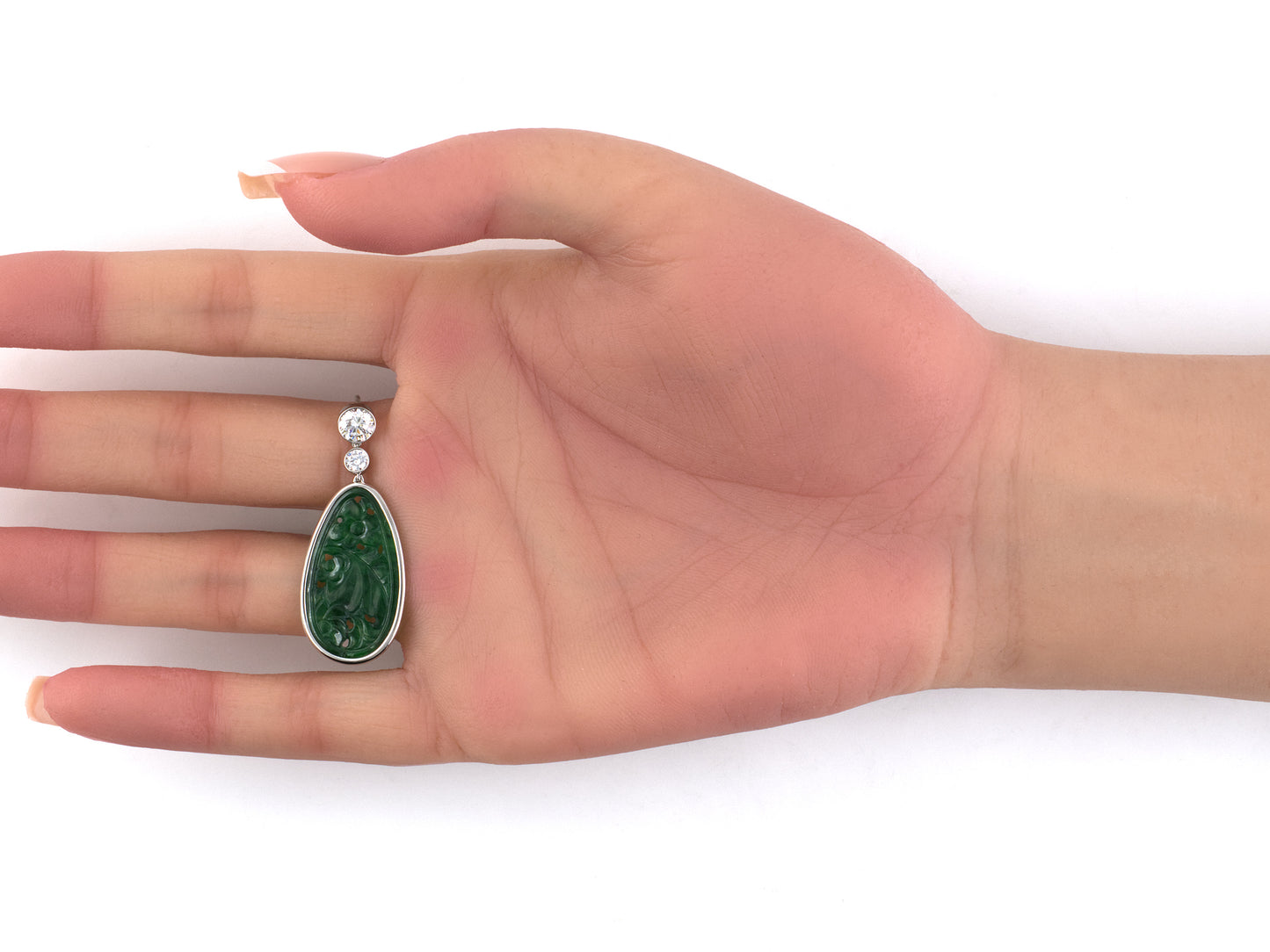 54531 - Cerro Platinum Diamond Carved Jadeite Egg Shaped Drop Earrings
