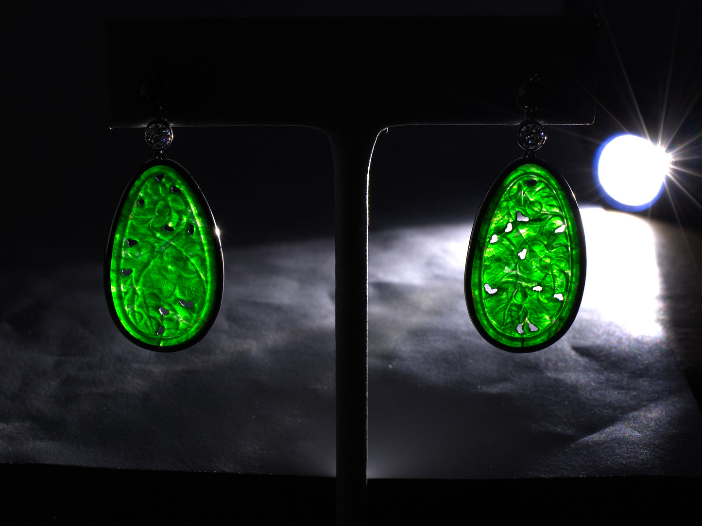 54531 - Cerro Platinum Diamond Carved Jadeite Egg Shaped Drop Earrings