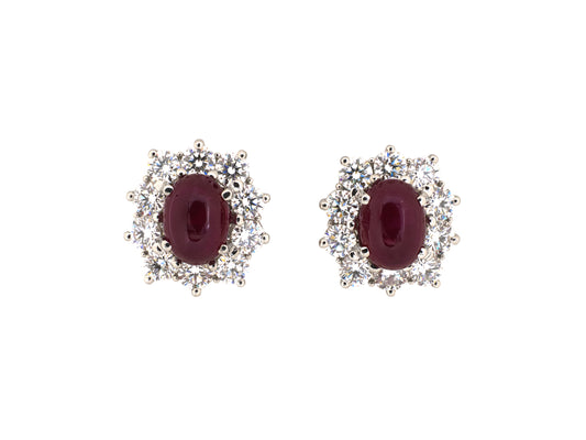 54537 - Platinum Diamond AGL Cabochon Ruby Cluster Earrings